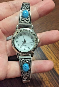 Vintage Western Sliver Ladies Watch With Turquoise ￼GemStone 1 Inch WML2003 0119 - Picture 1 of 7