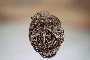Vintage Oval Brooch Silver Metal Marcasite Deer Ruby Eyes Filigree 1950' - Picture 1 of 10