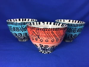 Anthropologie BLUE & ORANGE BATIK STYLE Jumbo Pottery SOUP CEREAL BOWLS Set of 3 - Picture 1 of 9