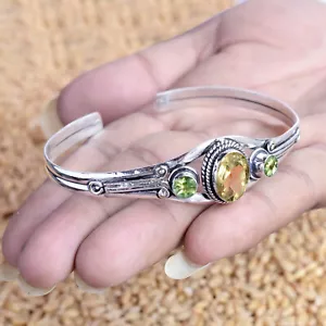 Citrine Topaz & Peridot Cut Gemstone Bracelet 925 Sterling Silver Cuff Bangle - Picture 1 of 6