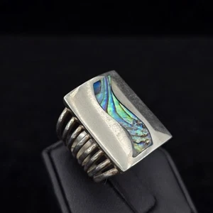 Vintage Sterling Abalone Inlay Modernist Ring 8 Ribbed Wide Band Chunky Abstract - Picture 1 of 19