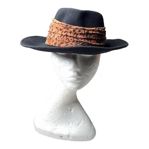 Michael Howard Womens Wool Black Fedora Hat Leopard Printed Band - Picture 1 of 12