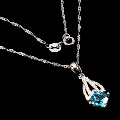 925 Sterling Silver Cushion London Topaz 6mm Simulated Cz  Necklace - Image 1 of 4