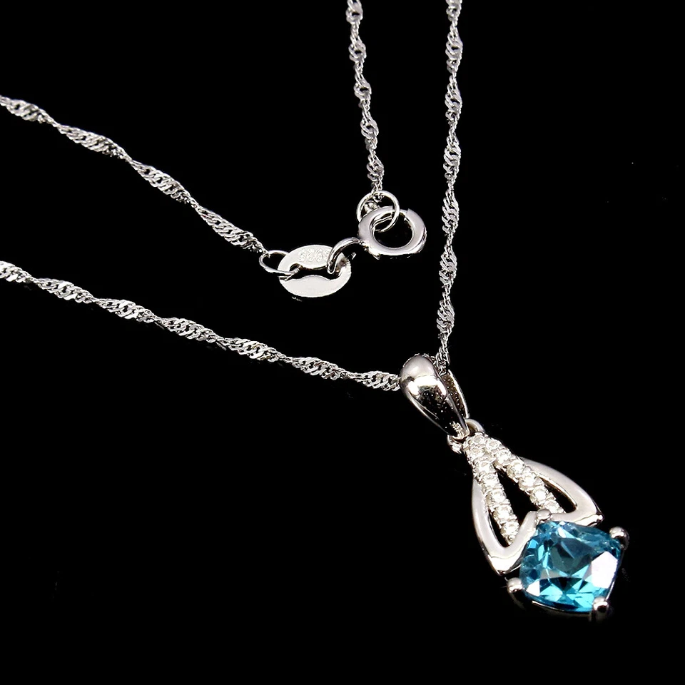 925 Sterling Silver Cushion London Topaz 6mm Simulated Cz  Necklace - Image 1 of 4
