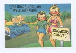 The Roads Here are Well Marked!! Dangerous Curves Humor Linen Postcard - Picture 1 of 2