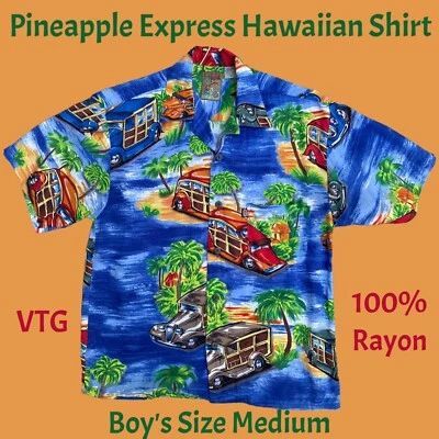 Pineapple Connection Hawaiian Shirt Palm Trees & Cars Boys SZ Medium 100% Rayon - Image 1 of 4