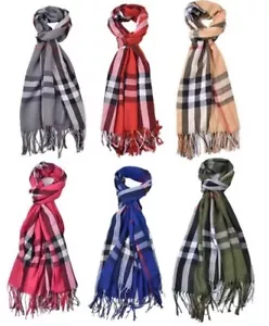 Women Cashmere Scarf Check Winter Thick Plain Shawl Large Pashmina Wrap Tassels - Picture 1 of 21