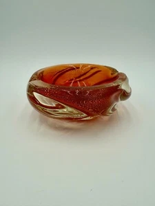 Vintage Mid Century Murano Orange Gold Flake Dust Glass Ashtray Decorative Bowl - Picture 1 of 9