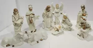 1990s Dillard's Trimmings 10 Pc Nativity Set Ivory Porcelain & Gold Trim Vintage - Picture 1 of 18