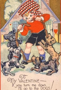 Vintage Valentinstag Karte 30er Jahre Hot Dogs Welpen einseitig - Bild 1 von 4