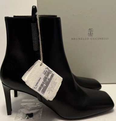 Botín Brunello Cucinelli Cuero Negro Tacón Alto Monili Bead Nuevo en Caja $1895 S 41 Foto 1 de 4