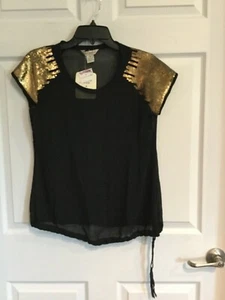 Nuevo con etiquetas Fun & Flirt Mujer Mediana Negra Dorada Camisa Mangas Cortas Transparente Usada en Excelente Condición - Imagen 1 de 3