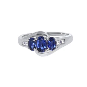 Blue Sapphire & Diamond Three Stones Ring Engagement Wedding Jewelry White Gold - Picture 1 of 4