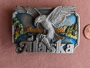 Hebilla de cinturón de peltre Alaska Eagle 1985 vintage JHS 161 J&H ventas - Imagen 1 de 2