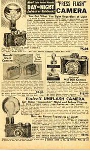 1950 Print Ad of Falcon Press Flash, Donald Duck, Meteor, UniveX Uniflash Camera - Bild 1 von 2