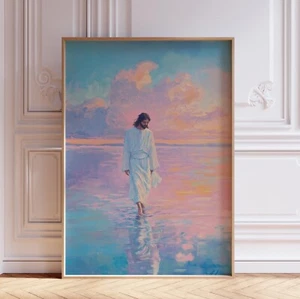 Impresión de arte de pared rosa femenino religioso cristiano Jesucristo caminando sobre el agua - Imagen 1 de 5