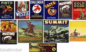 12 GENUINE FRUIT BOX CRATE LABELS VINTAGE LOT COWBOYS WESTERN HORSES 1940S 50S M - Picture 1 of 1