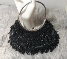 Vintage Black Beaded Evening Bag Top Handle Kiss Closure Handmade In Hong Kong 