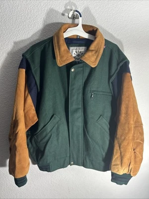 Jaqueta Varsity Vintage Pelle Sport Verde Azul Colorblock Couro Lã Tamanho. GG em excelente estado usado - Imagem 1 de 4