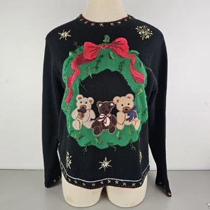 Vintage B.P. Design 3 Teddybären Weihnachtspullover Perlen schwarz Gr. XL  - Bild 1 von 12