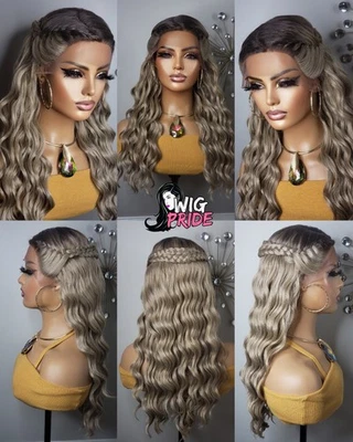 New Long Wavy Braid Style C Part Lace Front Wig Latte Ash Blonde Hair Womens  - Image 1 of 4