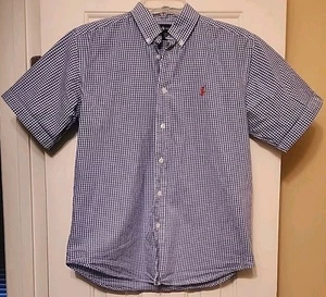 Ralph Lauren Boy"s Short Sleeve Button Down Blue Check Cotton Shirt Size 16 - 18 - Picture 1 of 4