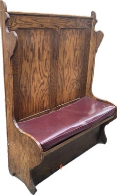 Antiguo banco de banco de iglesia de roble con respaldo alto gótico de 1900 cabina de restaurante diácono de colección Foto 1 de 4