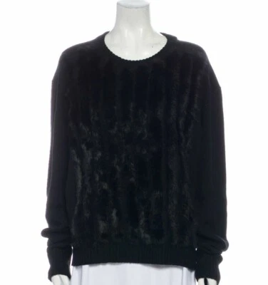 Black Fur Trim Sweater Sz XL Pullover Stripe Long Sleeve Crew Neck Rachel Zoe - Image 1 of 3