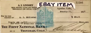 1922 FIRST NATIONAL BANK check TRINIDAD COLORADO Aguilar Mayor ARTHUR LINDSEY - Picture 1 of 1