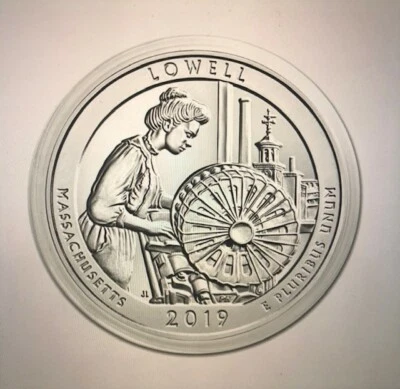 2019 ATB LOWELL NATIONAL HISTORIC PARK, MA, 5 oz Silver .9999 BU in Capsule, NEW - Image 1 of 4