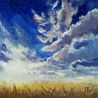 ACEO Original Painting landscape field sunset cloudy sky by JTar