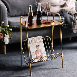 Gold Modern Metal Side Table End-Table w/ Magazine Storage Bedroom Bedside Table