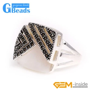 Shell Turquoise Jade Square Beads Tibetan Silver Base Marcasite Ring Jewelry - Picture 1 of 56