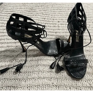 Y2K Manolo Blahnik Reptile Stiletto Heels Sandal Sz 9.5 40.5 Italy Black Tassles - Picture 1 of 9