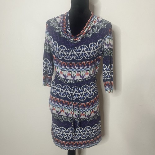 Mini abito Tory Burch seta blu navy multicolore scollo a cappuccio manica 3 4 coulisse taglia S