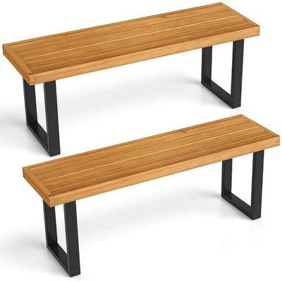 2PCS 48" Acacia Wood Bench for 2 w/Metal Legs Adjustable Foot Pads for Entryway - Image 1 of 4