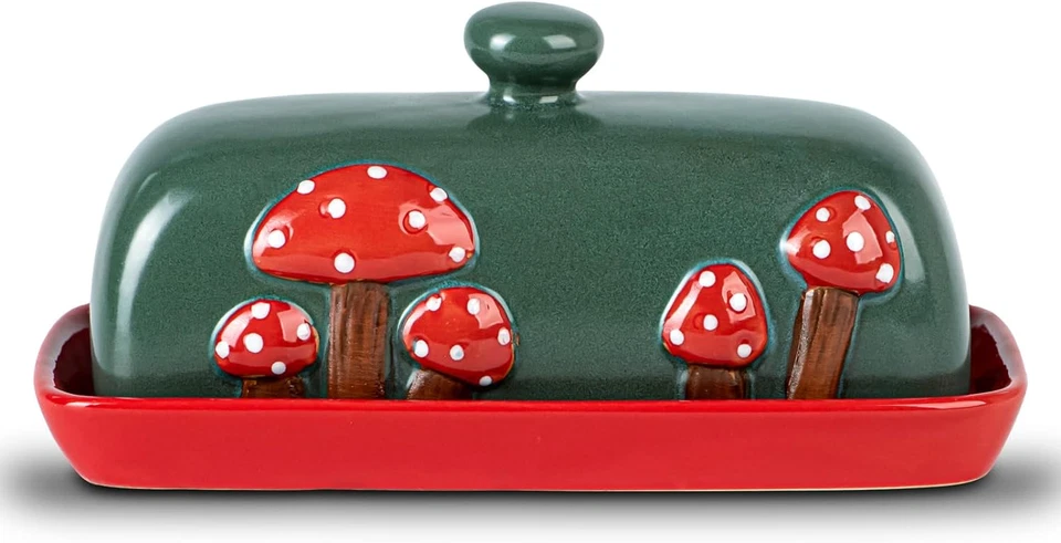 Mushroom Ceramic Butter Dish with Lid for Countertop - Red Container Tray, Large - Image 1 of 4