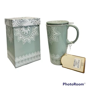 Cypress Refresh Tea Cup Coffee Mug Infuser Lid 4 Pc Ceramic Porcelain Green New - Picture 1 of 6