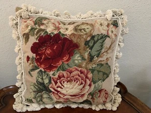 Needlepoint by Hand Cabbage Rose Pillow Cover 18 x 18" Wool Tasseled Velvet Back - Picture 1 of 9