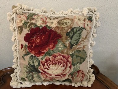 Needlepoint by Hand Cabbage Rose Pillow Cover 18 x 18" Wool Tasseled Velvet Back - Image 1 of 4