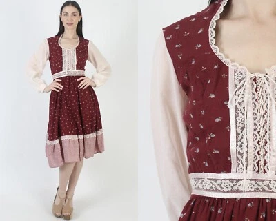 Vtg 70s Burgundy Calico Floral Dress Wht Puff Slv Prairie Peasant Boho Sundress - Image 1 of 4