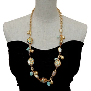 "Collar de cadena larga enchapado en oro perla Biwa azul Larimar pavimentado 30" - Imagen 1 de 7