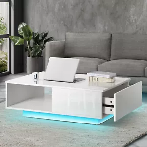 Oikiture Coffee Table LED Light High Gloss Storage Drawer Modern Furniture White - Picture 1 of 10