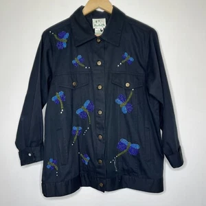 The Quacker Factory Jacket Beaded Embroidered Snaps Black Dragonfly Shacket Sz M - Picture 1 of 10