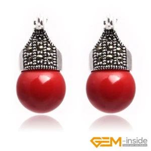 12mm Round Gemstone Tibetan Silver Marcasite Huggie Dangle Jewelry Earrings - Picture 1 of 46