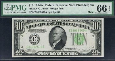 $10 1934A Philadelphia Mule FRN. Fr. 2006-Cm. PREMIUM QUALITY MULE. PMG 66 EPQ - Image 1 of 2