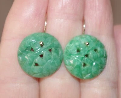 Rare Antique 14K GF Round Carved Green Jadeite Jade Wire Hook Earrings - Image 1 of 4