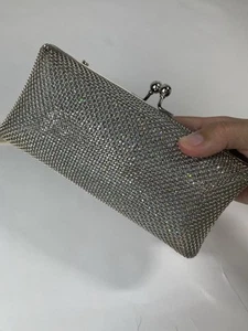 Bebe Silver Glitter Rhinstone Evening Clutch Hard Case Chain Crossbody Purse - Picture 1 of 5