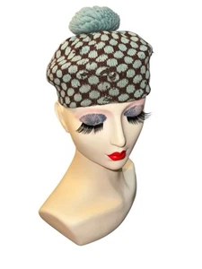 Vintage Mary Louise Hay Knit Blue And Brown Patterned Beanie Hat 1940s As Is - Picture 1 of 11