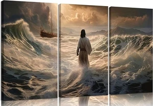 3Pcs Jesus Walking On Water Canvas Wall Art Christian Bible Stories Painting ... - Picture 1 of 4